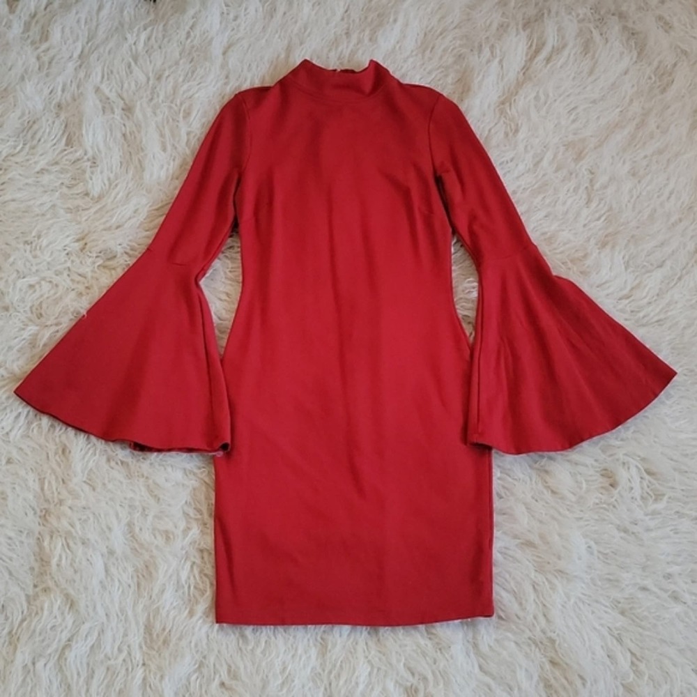 Venus Long Bell Sleeve Mock Neck Zip Back Bodycon Sheath Dress Size Large